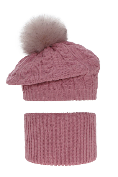 Зимний комплект для девочки: берет и дымоход розового цвета с помпоном Koffi