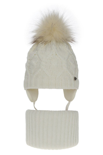 Зимний комплект для девочки: кремовая шапка и снуд с помпоном Елена