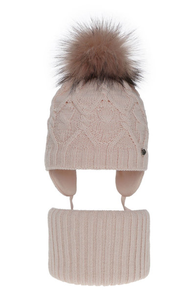 Зимний комплект для девочки: шапка и труба розовая с помпоном Елена