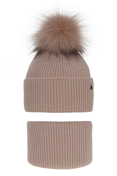 Зимний комплект для девочки: шапочка с помпоном и труба розового цвета Reneta