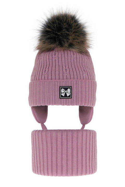 Зимний комплект для девочки: шапка и труба фиолетового цвета с помпоном Kinia