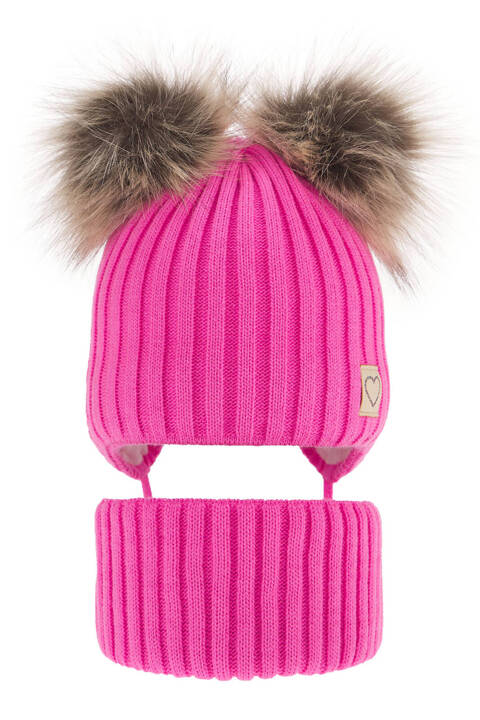 Зимний комплект для девочки: шапка с двумя помпонами и дымоход розового цвета Telisa